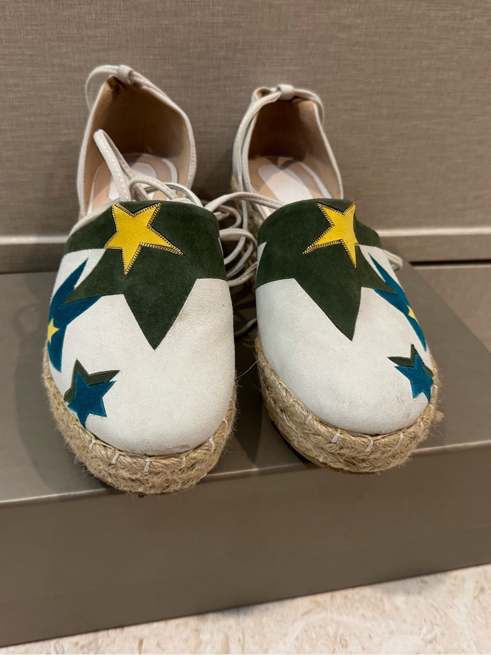 Elie Saab White Espadrilles with Green Accents and Blue & Yellow Stars